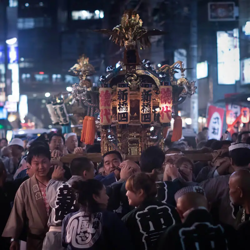 Mikoshi festival procession at night, Tokyo